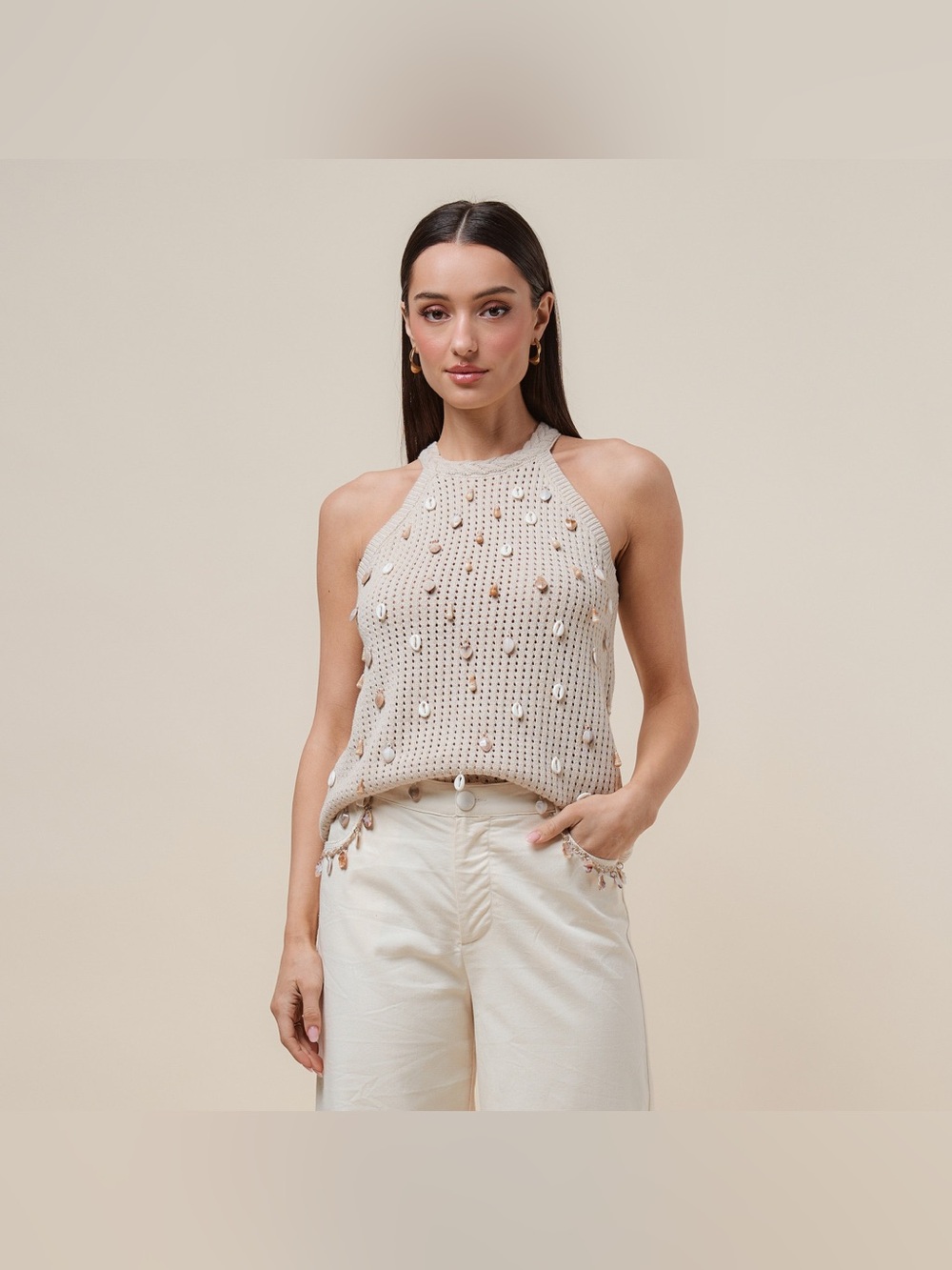 Seashell Embellished Open Knit Halter Top - Able